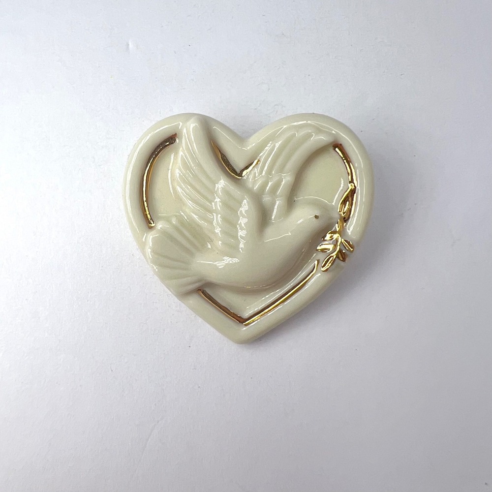 Vintage Lenox Heart Dove Brooch Cream Porcelain 24K Gold Trim Peace Bird 90s